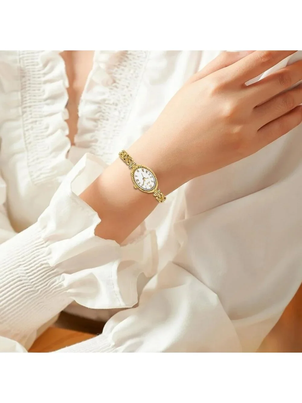 Women's Gold White Oval Vintage Bracelet Small Quartz Bangle Analog Watch